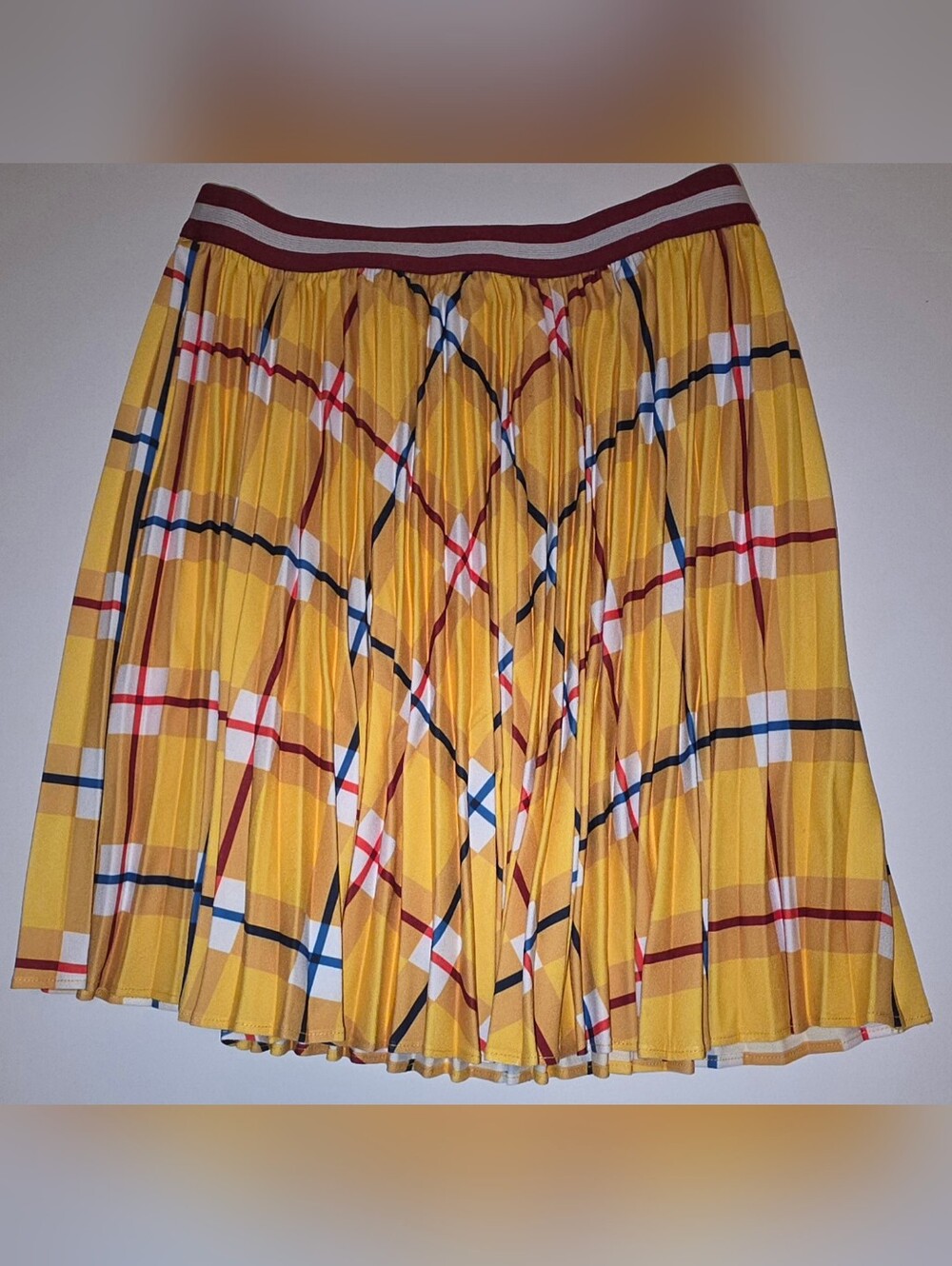 Jacadi Yellow Plaid Pleated Skirt with Maroon Trim Size 8a